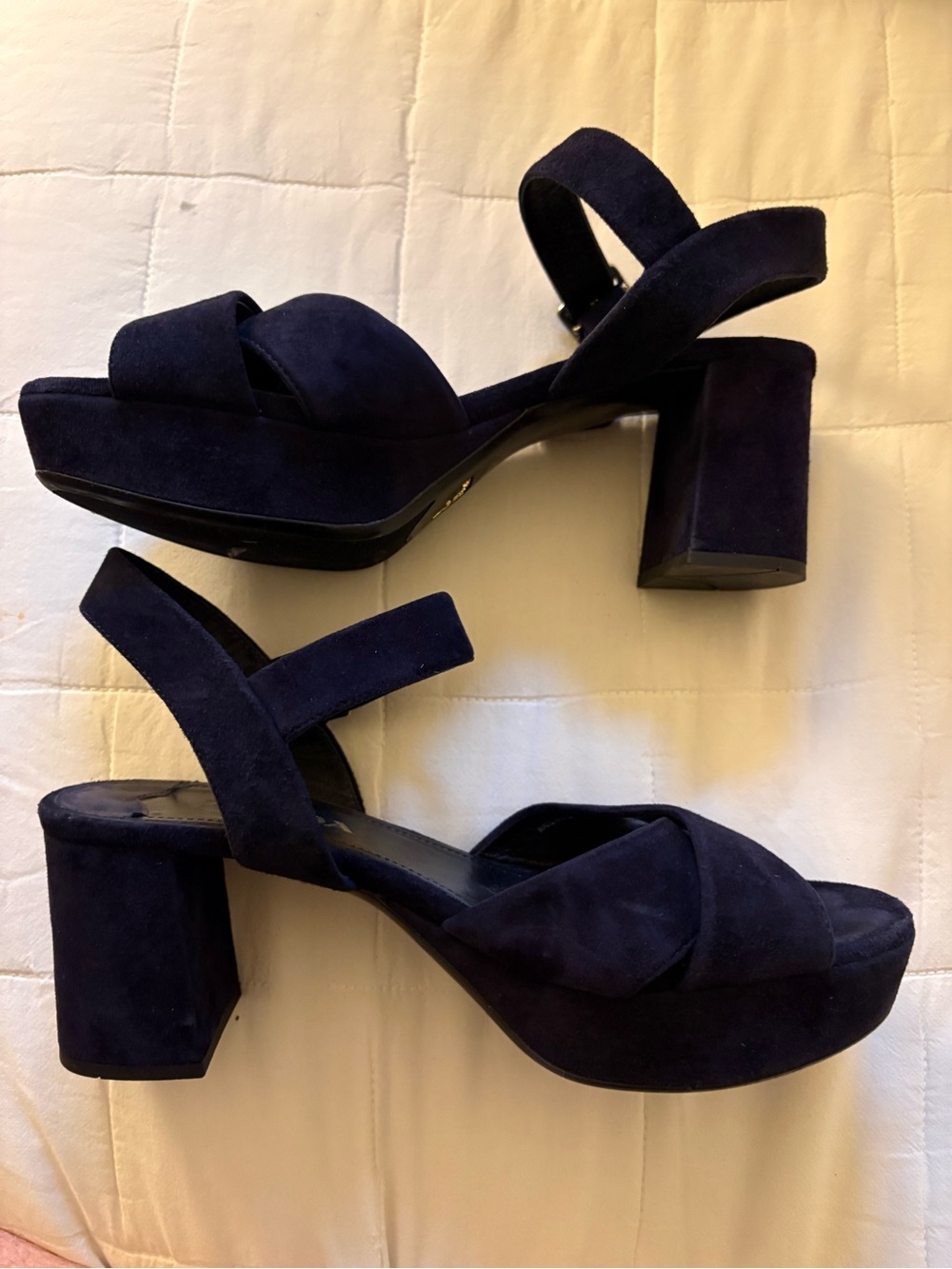 PRADA: Women’s Navy Suede Platform Sandals - Block Heel